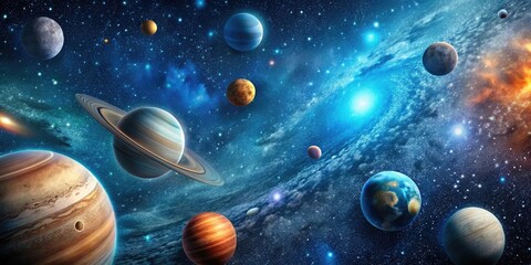 Vast galaxy of stars and planets on a dark blue background, astronomy, space station, constellation map, black hole