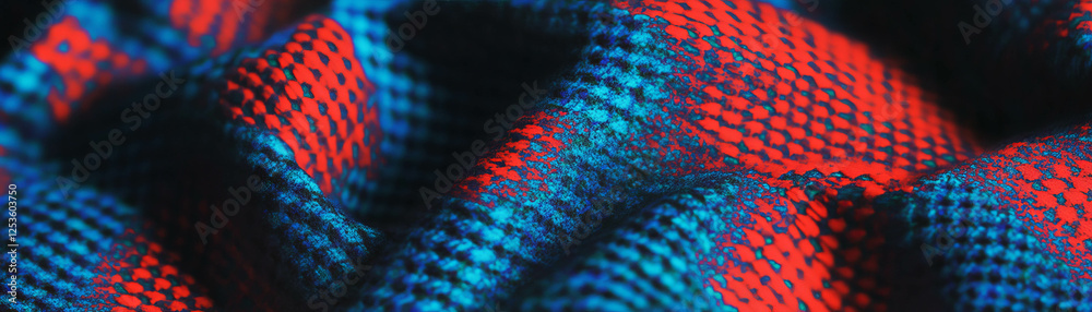 Poster close up view showcasing woven textile with striking halftone texture in vibrant colors