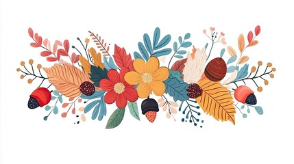 Vector autumn banner with colorful autumn leaves, acorns, and flowers isolated on white