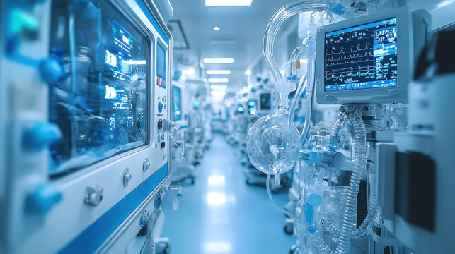 Medical equipment, including ventilators and monitors, arranged in a sterile ICU room