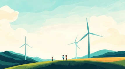Fototapeta premium Family Enjoying Scenic View with Wind Turbines on Green Hillside