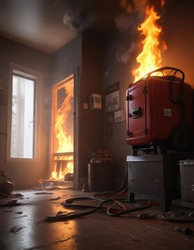 Un bombero con manguera apaga un incendio en una habitaci?n con electrodom?sticos quemados, apagado, fuego, humo