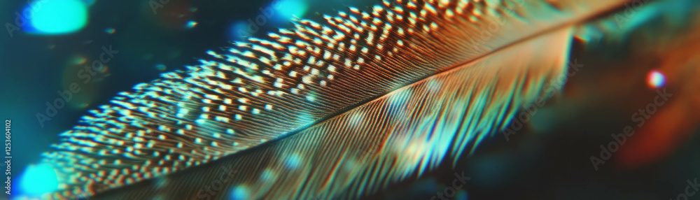 Poster Close-up of a feather showcasing intricate details and halftone texture against a vibrant backdrop