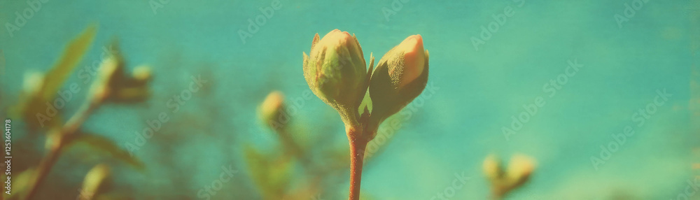 Poster close-up of flower bud preparing to bloom with halftone texture on a grunge background