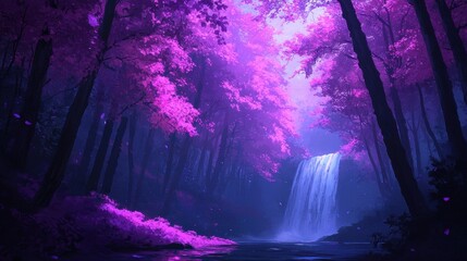 Enchanted Purple Forest with Waterfall and Ethereal Landscape