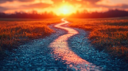 Winding path sunset field landscape, journey concept