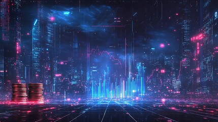 Futuristic City Skyline with Cryptocurrency Theme