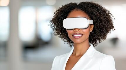 Confident Woman with Curly Hair Wearing Virtual Reality Headset Smiling in Modern Office Environment