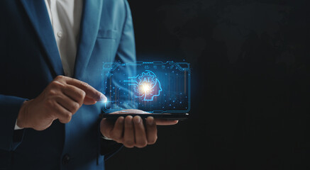 Businessman hand showing AI technology. AI learning and business artificial intelligence. Document file management, data management on network, cyber security, digital transformation.