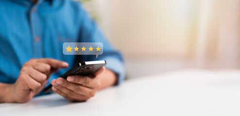 User give rating to service experience on online application, Customer can evaluate quality of service leading to reputation ranking of business. Customer review satisfaction feedback survey concept.