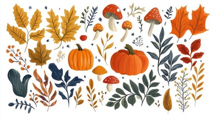 Vector set of hand-drawn autumn plants, leaves, pumpkins, mushrooms