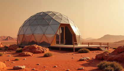 Futuristic geodesic dome home with metallic finish in the Martian desert landscape