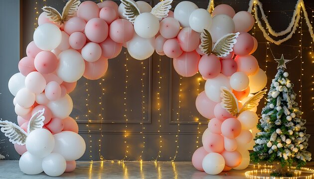 Arch of white and pink balloons with angel wings, neon and gold decor, garland lights, and small Christmas tree for photo zone.