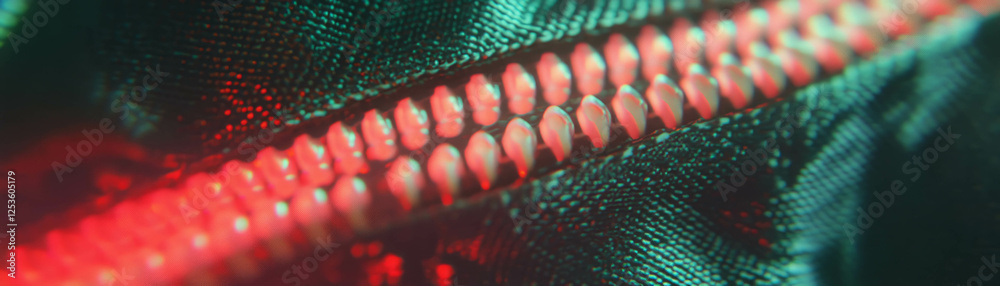 Poster close-up view of interlocked zipper teeth with halftone texture and vibrant colors