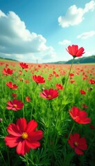 Fototapeta premium Red cosmos stems stretch towards the sky amidst a sea of green, stem, field, cosmos
