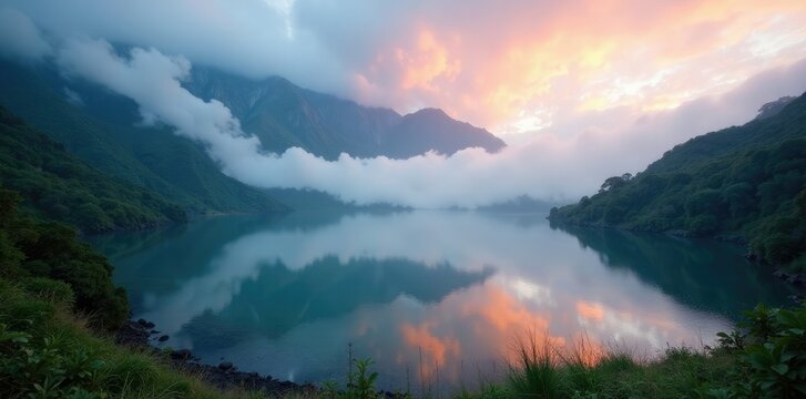 Misty morning at a serene lake in the mountains of Galapagos, morning, serene