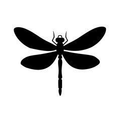 Minimalist black silhouette of a dragonfly with symmetrical wings on a white background