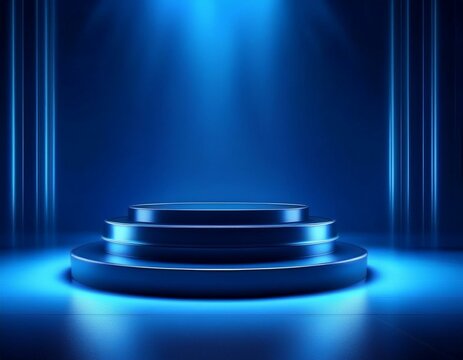 Blue podium stage 3d background of empty space show scene modern studio backdrop presentation display or blank pedestal geometric product stand and dark platform template room on showcase wallpaper.