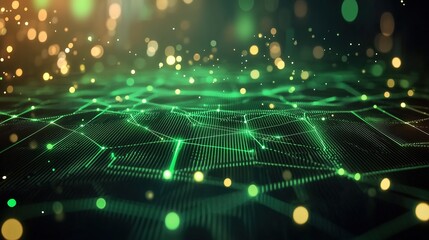 Abstract green digital landscape with glowing particles and network connections, futuristic technology background, big data visualization