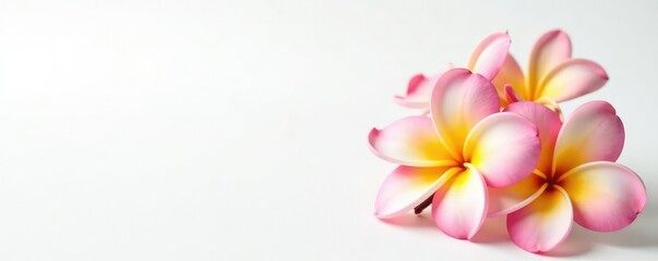 Fototapeta premium Delicate frangipani flowers bloom on a white background, plumeria, tropical flowers, frangipani