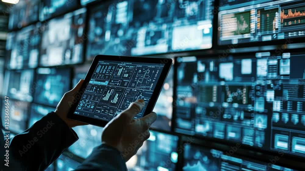 Poster it engineer holding tablet and working in modern monitoring office with big data analysis program di
