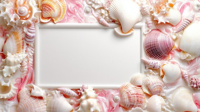 Seashells frame on pink background, copy space