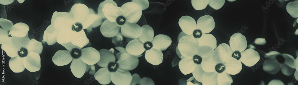 Poster cluster of delicate forget-me-nots with halftone texture on a grunge background