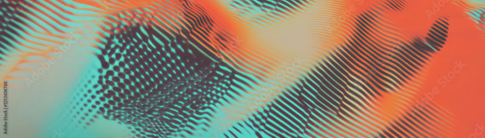 Poster complex arrangement of geometric shapes with halftone textures creating a vibrant backdrop