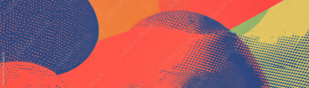 Poster complex arrangement of overlapping geometric shapes with varied halftone textures