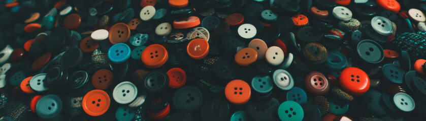 Fototapeta premium Collection of colorful buttons seen from above with halftone texture in unique arrangement