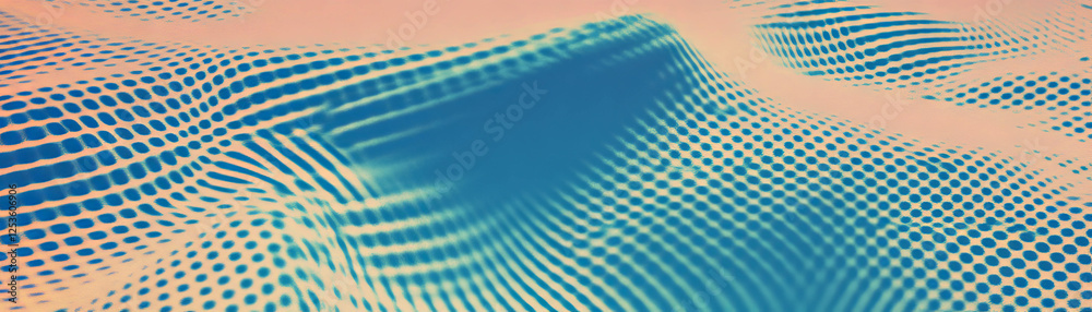 Poster Complex network of intersecting curved lines with halftone textures on a grunge background