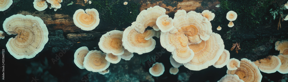 Poster vivid display of fungi and moss on a fallen log with halftone texture under natural light