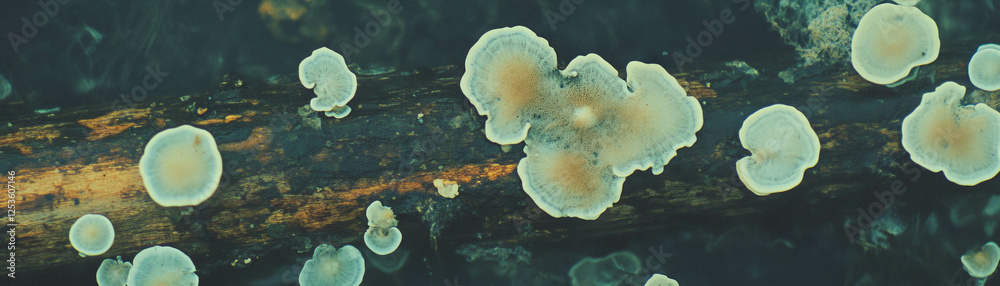 Aufkleber Fallen log adorned with moss and fungi displaying a vibrant halftone texture