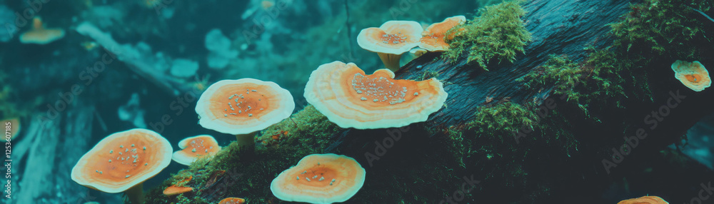 Poster Fallen log adorned with vibrant fungi and moss in a textured, grunge setting