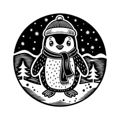 Cute Winter Penguin With Hat And Scarf