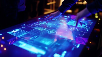 Interactive digital table with glowing blue interfaces being touched by hands