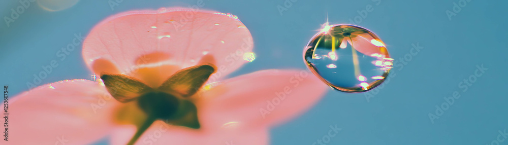 Poster reflection of a delicate flower captured in a water droplet with halftone texture