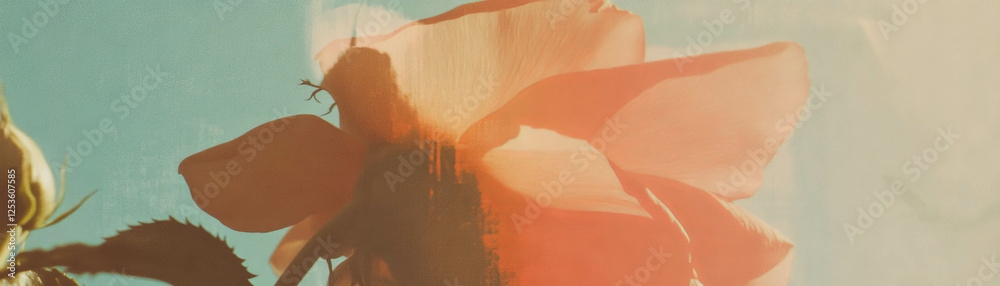 Poster flower with a broken petal and a visible tear on a textured halftone background