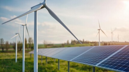 Renewable Energy Landscape with Wind Turbines and Solar Panels
