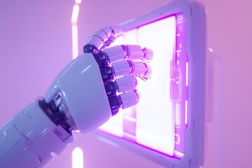 Robotic hand interacts with futuristic interface in a vibrant studio