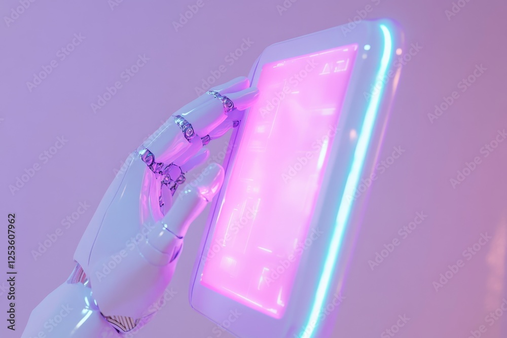 Poster robotic hand interacts with glowing tablet in pastel studio