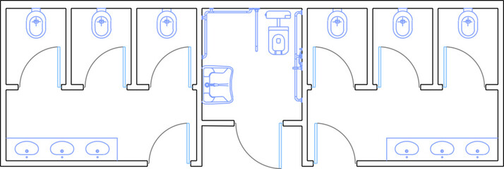 vector sketch, silhouette illustration, site plan layout, men's and women's public bathroom layout 