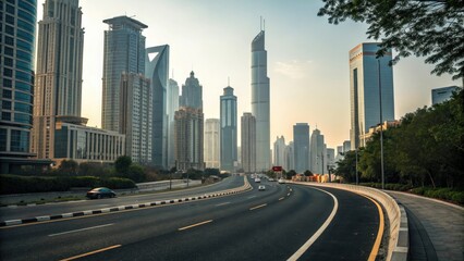 Obraz premium Wide shot of an asphalt road winding its way through the heart of a bustling city amidst towering skyscrapers, concrete highway, city center, city streets, asphalt road, skyscraper