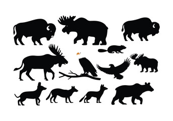 A fresh, modern silhouette vector illustration on a depicting North American animals bison, grizzly bear, moose, mountain lion, bald eagle, beaver,