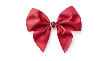 Fototapeta premium Elegant Heart-shaped Red Ribbon Bow with Gemstone on White Background