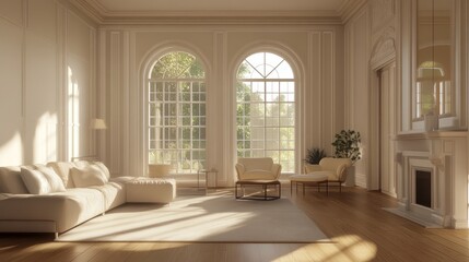 Clean modern living area with soft beige tones, wooden flooring, arched paneling, and minimalist furniture, illuminated by natural ligh