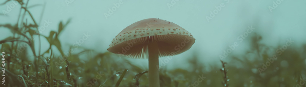 Poster mushroom with textured cap and stem captured in grunge halftone style