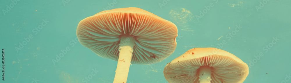 Poster Halftone texture of a mushroom with unique cap and stem against a grunge background