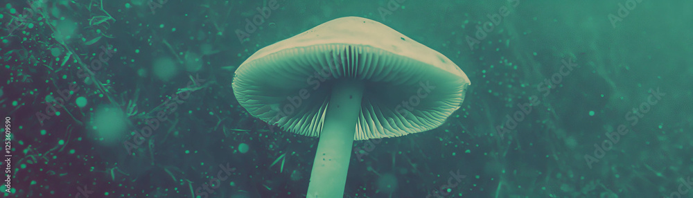 Poster Mushroom with textured cap and stem on a grunge background showcasing halftone effect