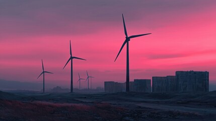 Obraz premium Wind Turbines Against Vibrant Pink Sunset Sky in Rural Landscape